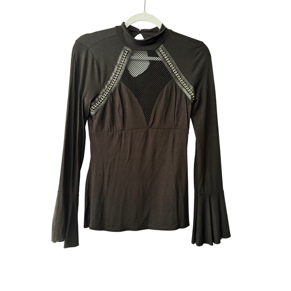 Women's Venus Size XS Solid Black Long Sleeve Blouse Metal Mesh Key Hole Back